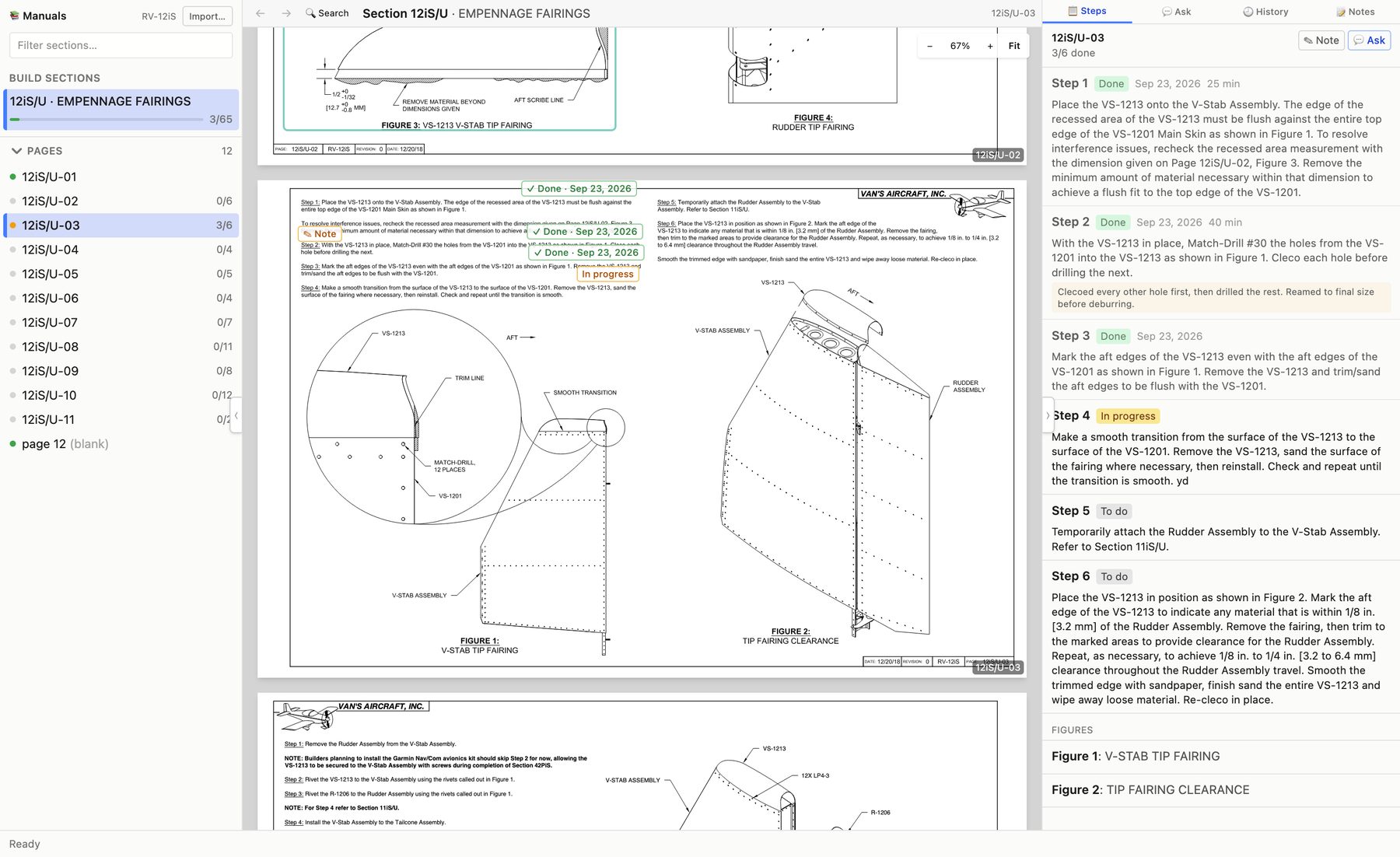 The app showing page 12iS/U-03 of the empennage fairings section: the manual page in the middle with Figure 1 outlined, the list of pages on the left, and the six steps of the page on the right.