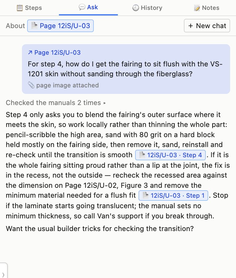 The Ask pane: a question about getting the fairing flush with the skin in step 4, and an answer that cites 12iS/U-03 Step 4 and Step 1.