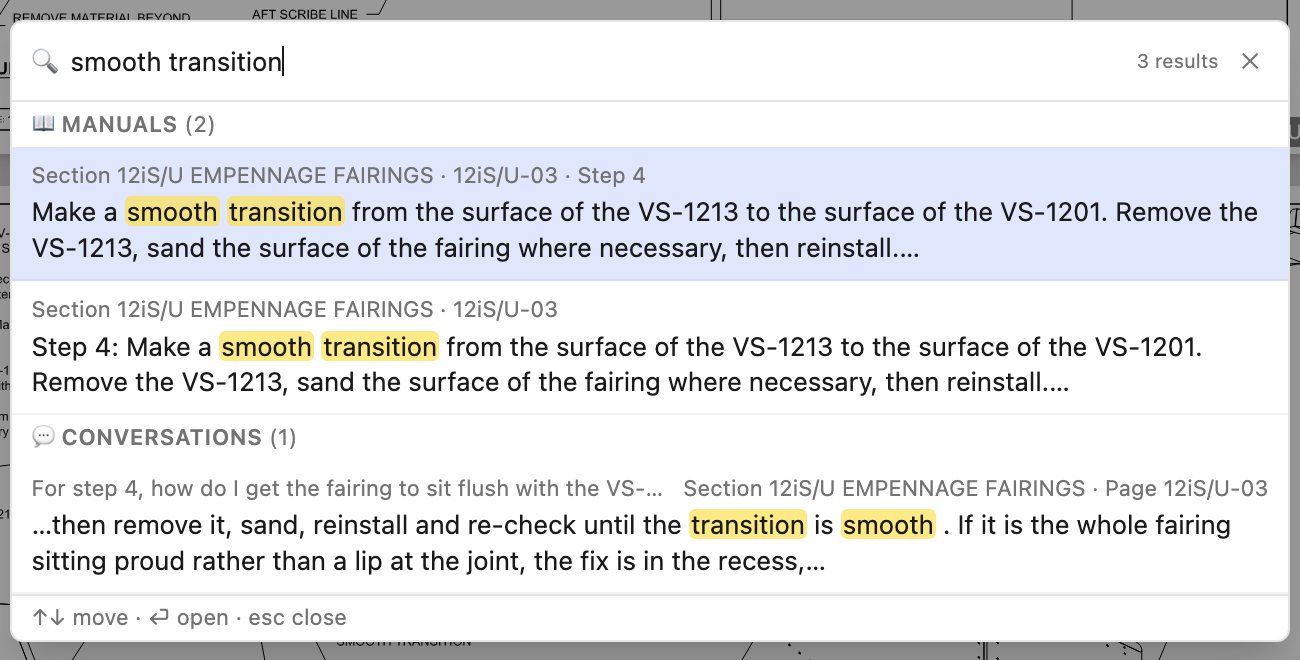 The search palette with the query smooth transition: two hits in the manuals and one in a conversation.