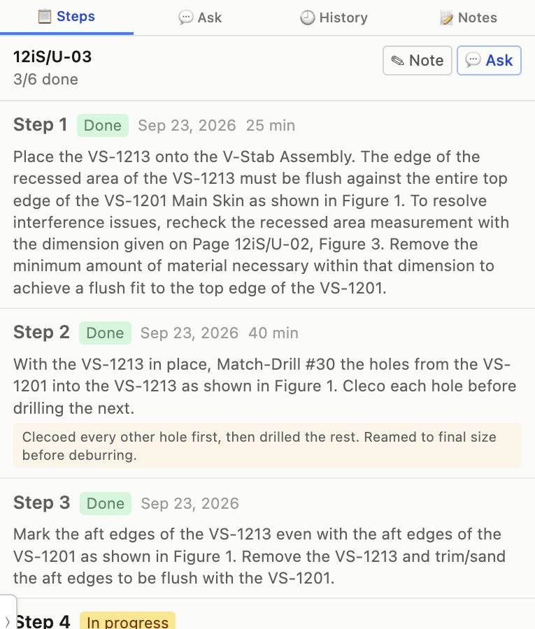 The step list for page 12iS/U-03: steps 1 to 3 marked Done with dates and minutes, a note under step 2, and step 4 In progress.